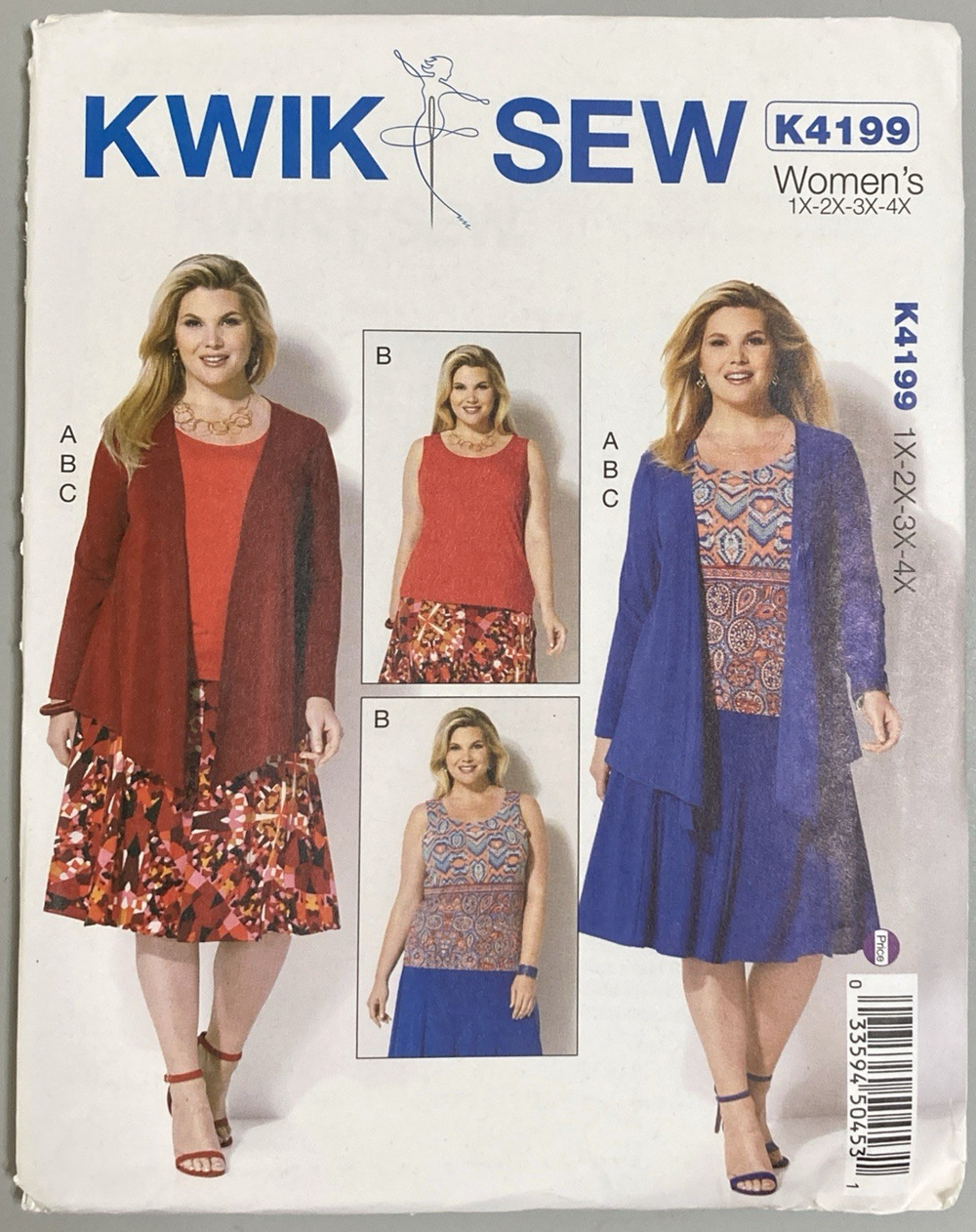 Kwik Sew K4199 Womens Draped Jacket Tank Top Gored Skirt Size 1X-2X-3X-4X Uncut